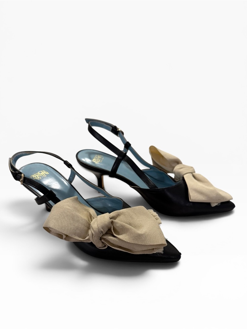 Francis Valentine Grace bow  kitten heel slingback pumps black beige
